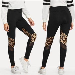 Wila Black Leopard Color Block Mesh Full Length Leggings Small